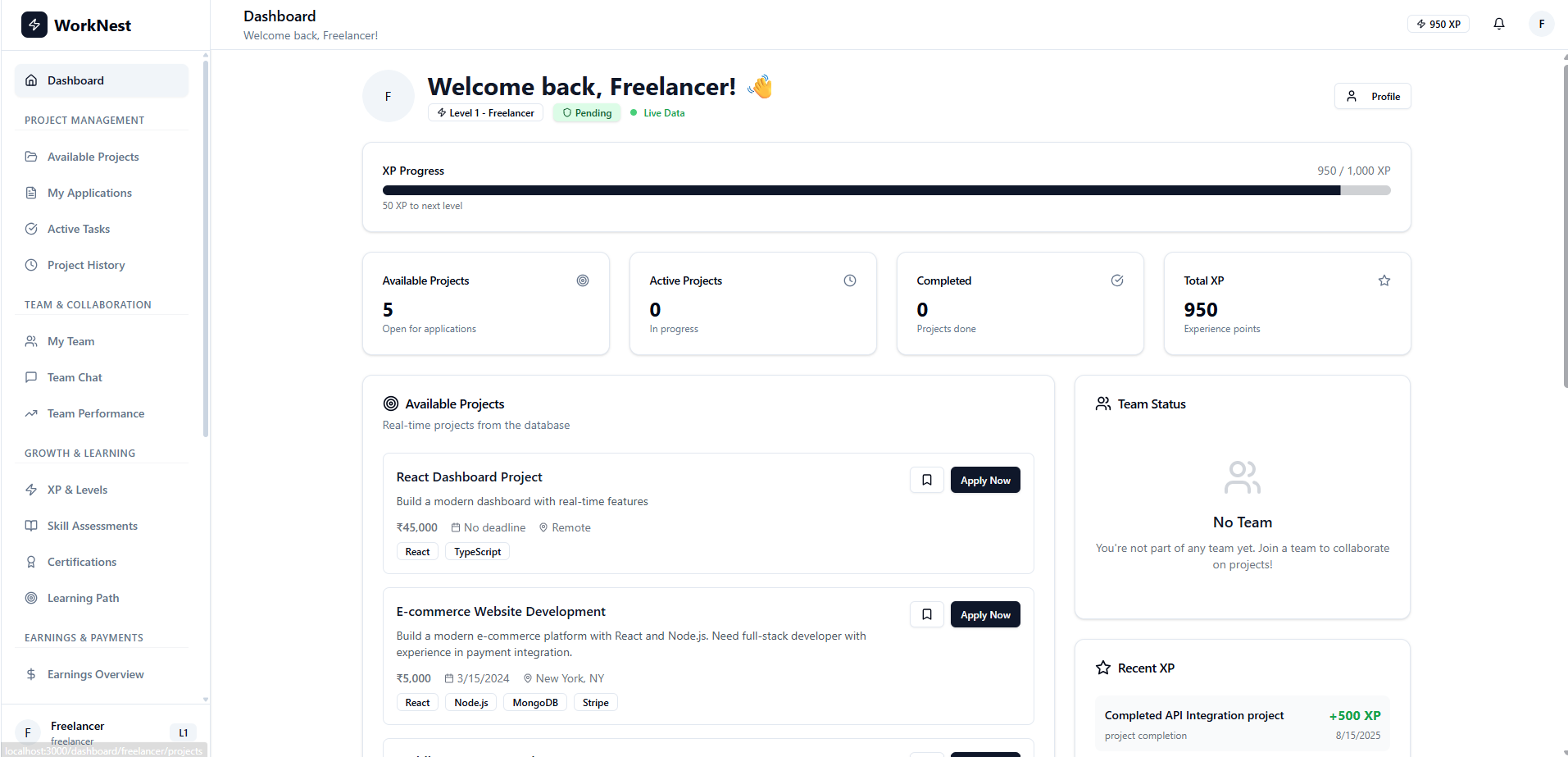 WorkNest gamified freelancing platform dashboard showing XP system, team collaboration, and project management interface